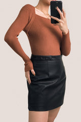 Brown Ribbed Knit Square Neck Sweater
