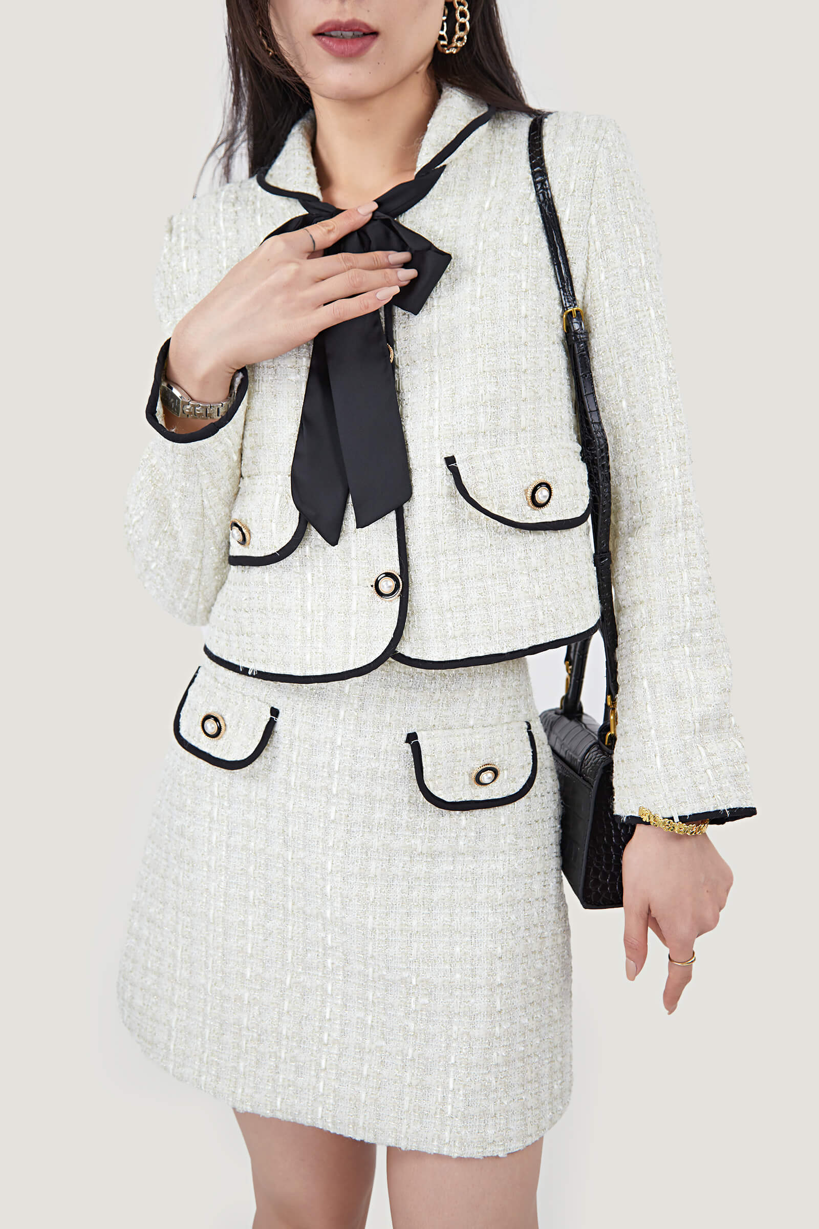 Fake Flap Pocket Bow Detailed Jacket&Mini Skirt Two-Piece Set