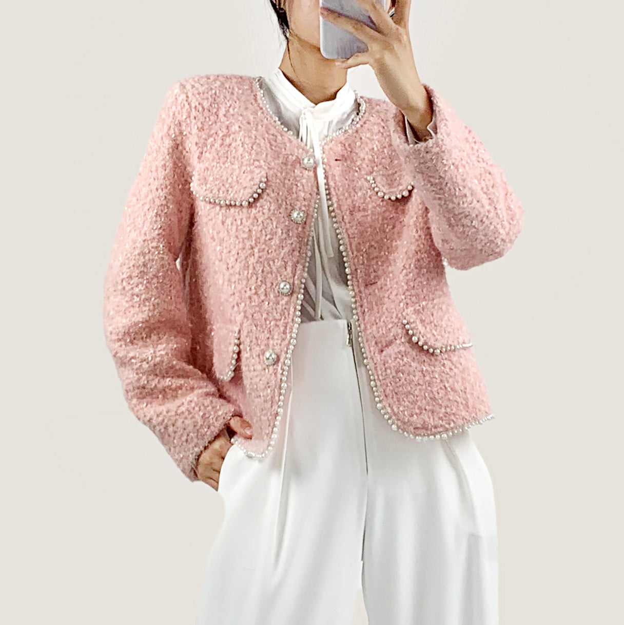 Misty Rose Wool-Blend Long Sleeve Button Up Pearl-Trimmed Jacket
