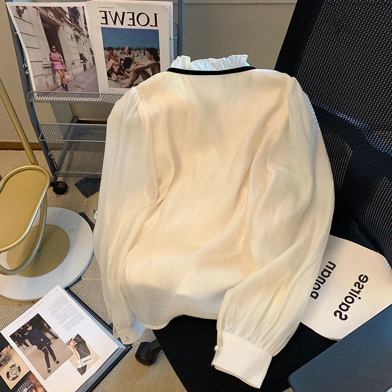 Lvory Long Sleeves Ruffled Neckline Blouse