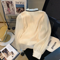 Lvory Long Sleeves Ruffled Neckline Blouse