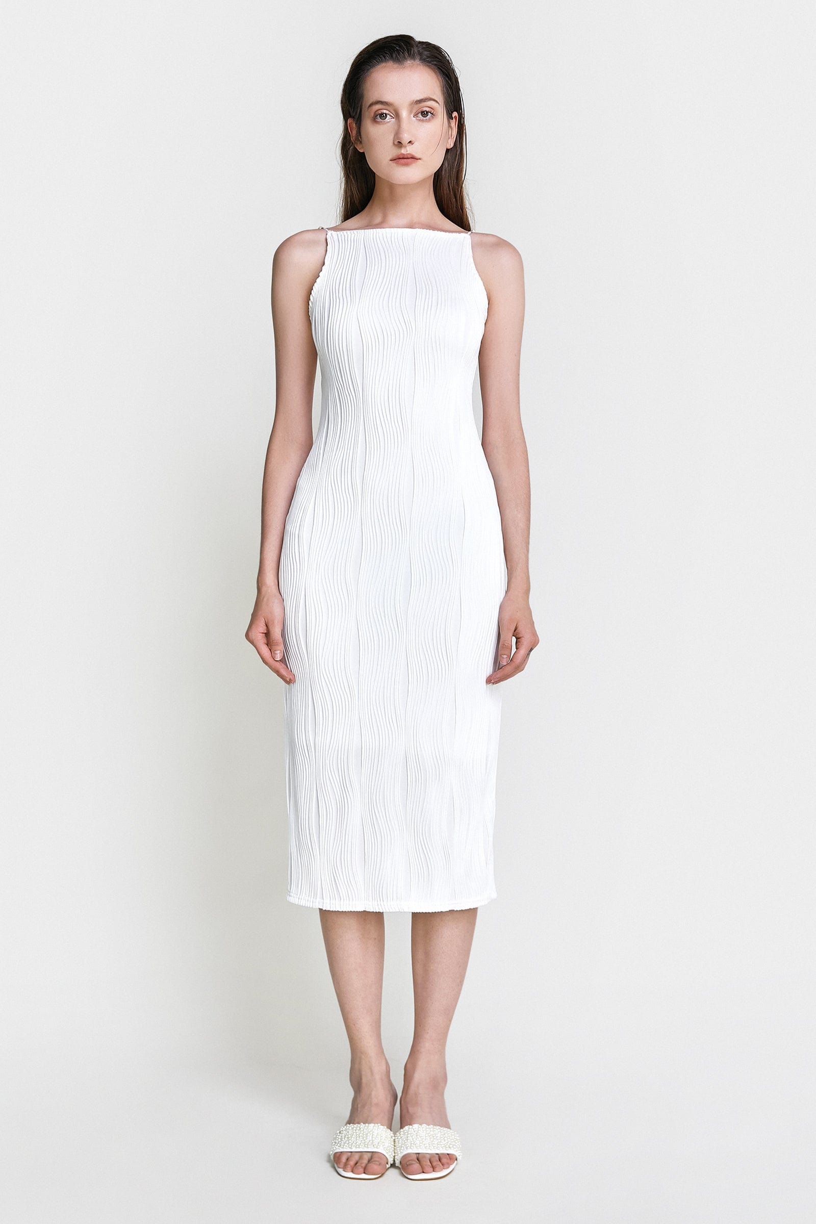 White Faux Pearl Strap Pleated Midi Dress