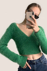 Green Mohair Fuzzy Surplice Cropped Sweater