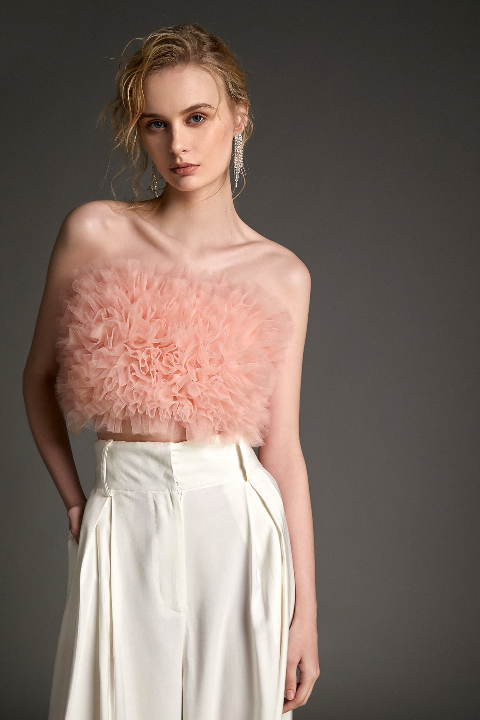 Pink Ruffled Tulle Knit Crop Top