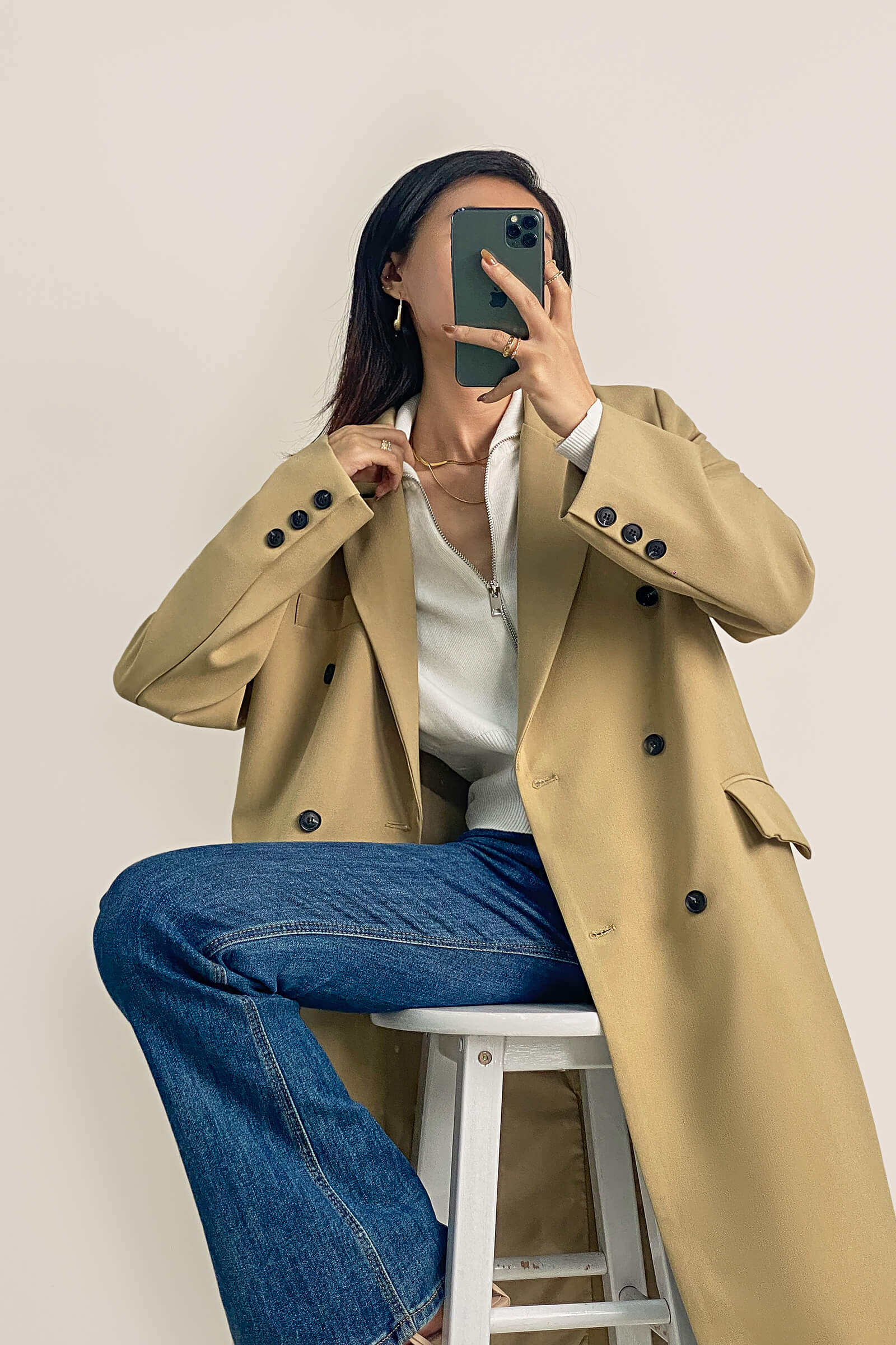 Khaki Padded Shoulder Double-Breasted Longline Coat