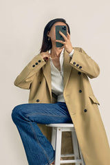 Khaki Padded Shoulder Double-Breasted Longline Coat