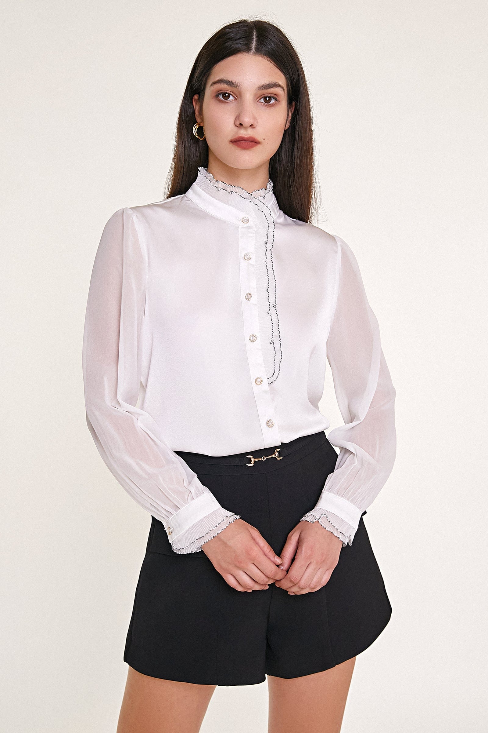 White High Neck Ruffle Detail Button-Up Work Shirt