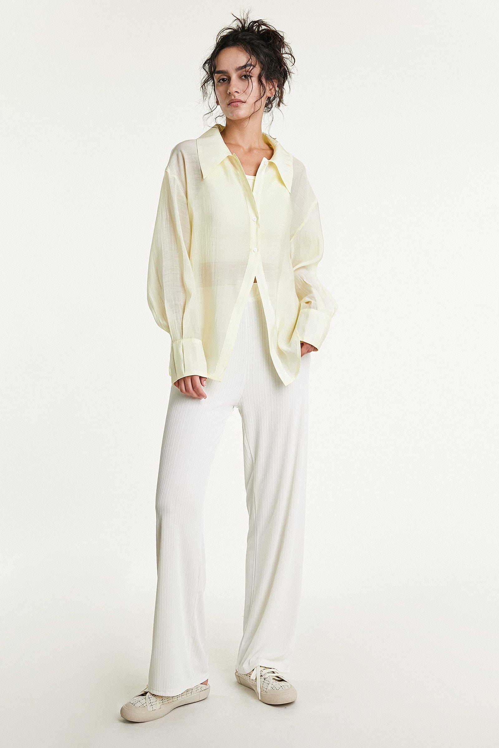 Lemon Chiffon Button-Up Drop Shoulder Oversized Shirt