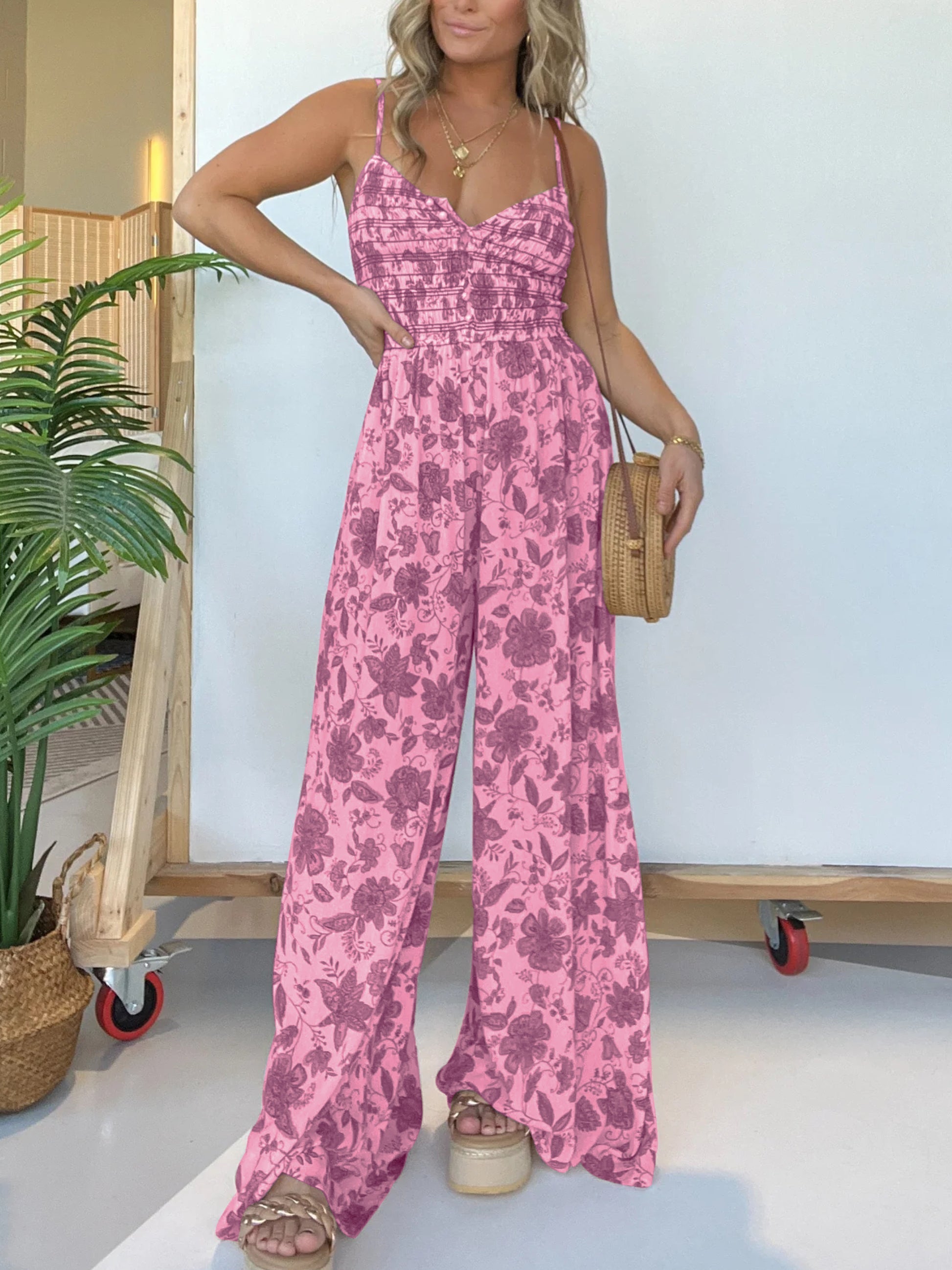 Floral Suspender Wide-leg Jumpsuit