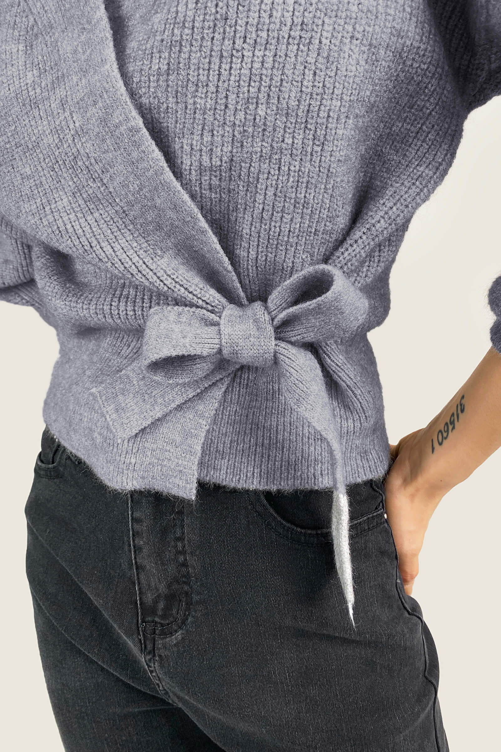 Grey Ribbed Knit Wrap Tie Side Cardigan