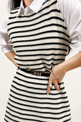 Ivory Striped Sleeveless Knit Midi Dress