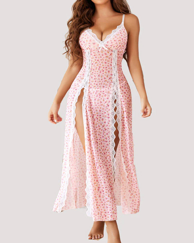 Suspenders See-Through Lace Mesh Long Slits With Panties Pajamas Set