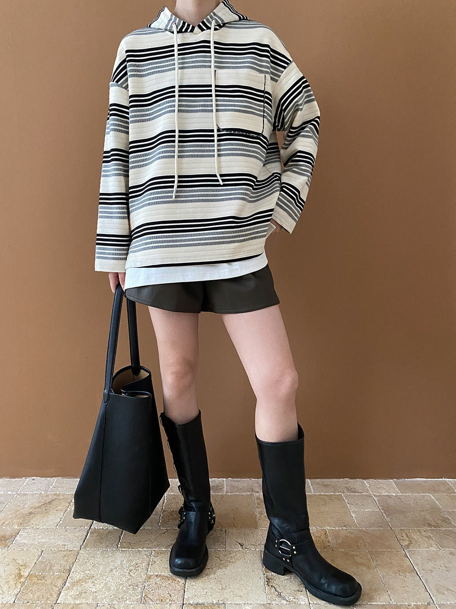 Trendy Contrasting Striped Drawstring Hooded Sweater