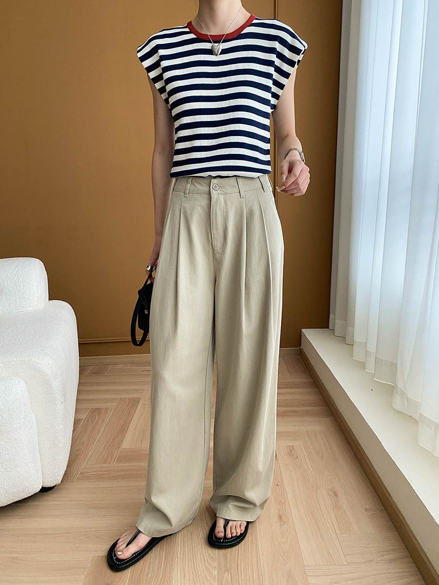 French Layered Striped Small Fly Sleeve Crew Neck Knitted Sweater T-Shirt