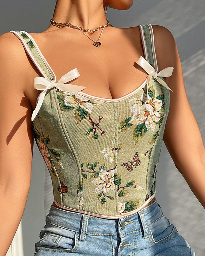 French Style Bow Lace-Up Floral Body Shaper Women's Sling Printed Slim-Fit Vest Corset