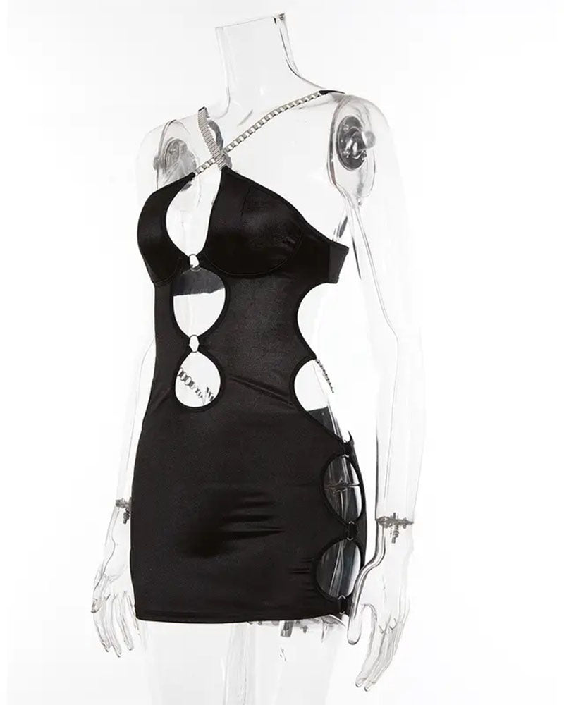 European And American Women's Hollow Slim-Fit Sheath Dress Deep V Metal Strap
