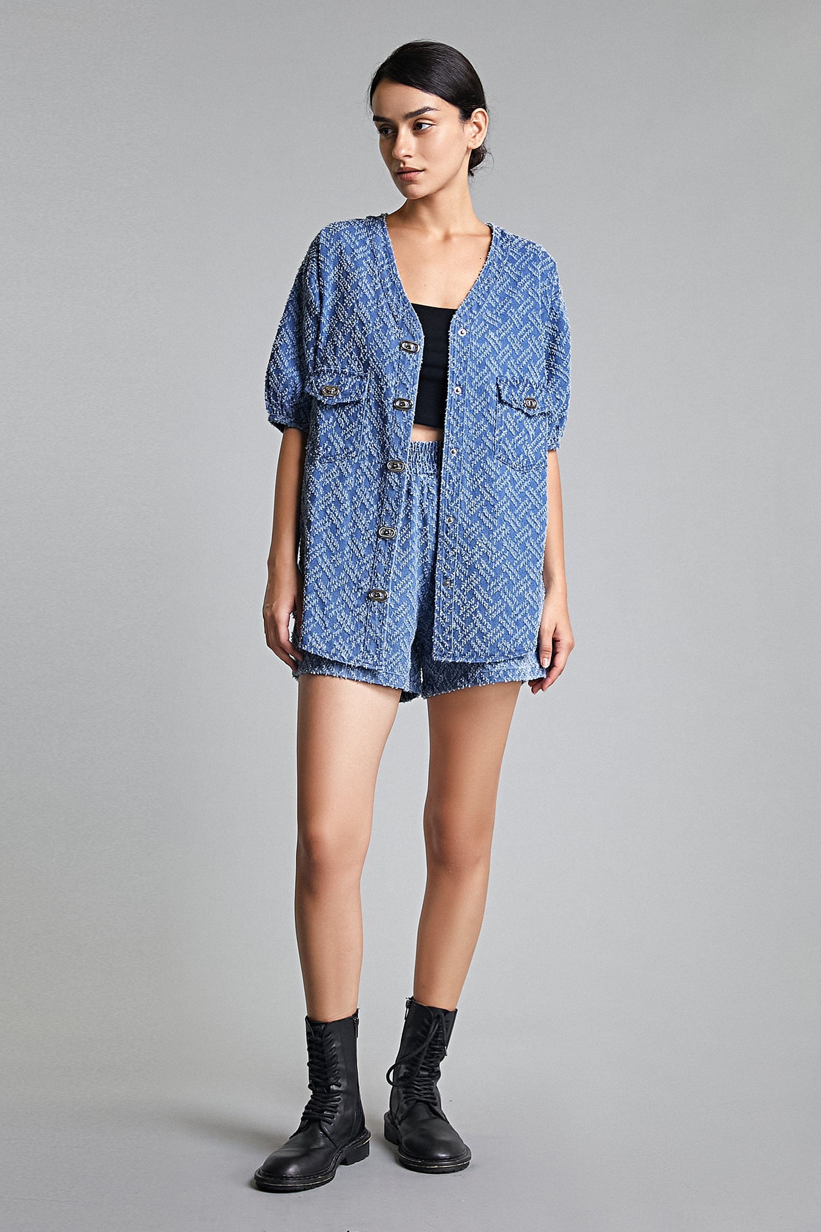 Royal Blue Frayed Denim Longline Button-Up Top & Shorts Two-Piece Set