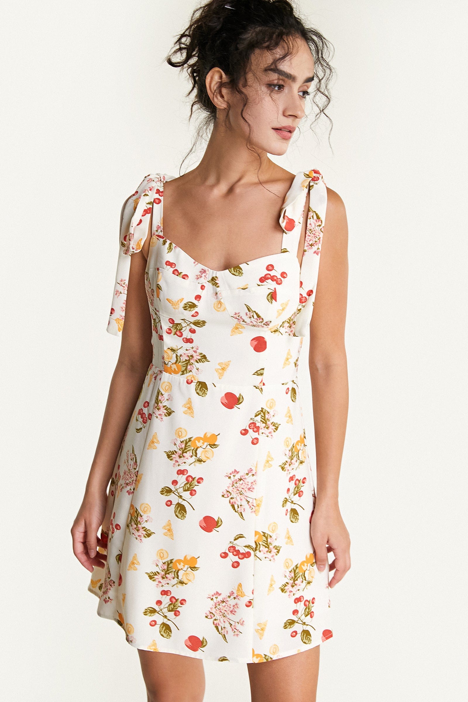 Ivory Fruit Print Tie Strap Mini Dress