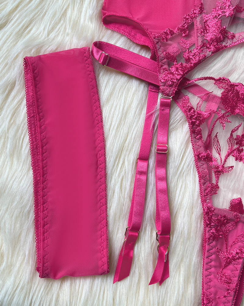 Sheer Embroidered Mesh Lingerie Set