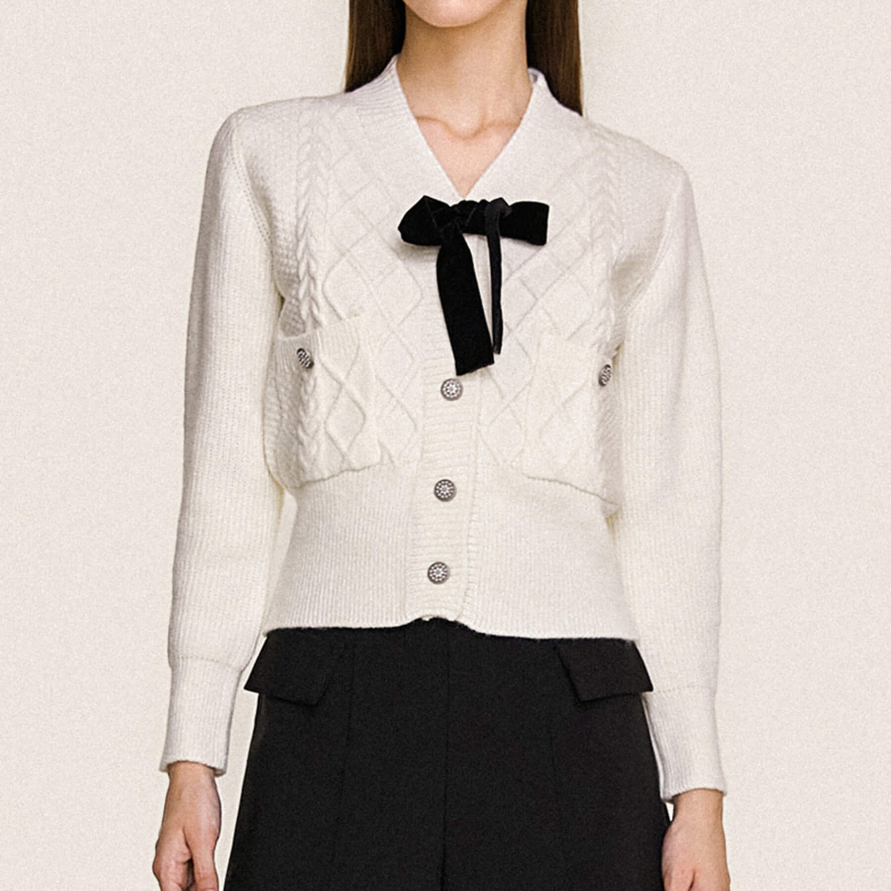 White Bow Detail Button-Up Cardigan