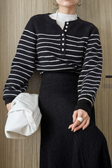 Black Wool-Blend Half-Button Striped Sweater