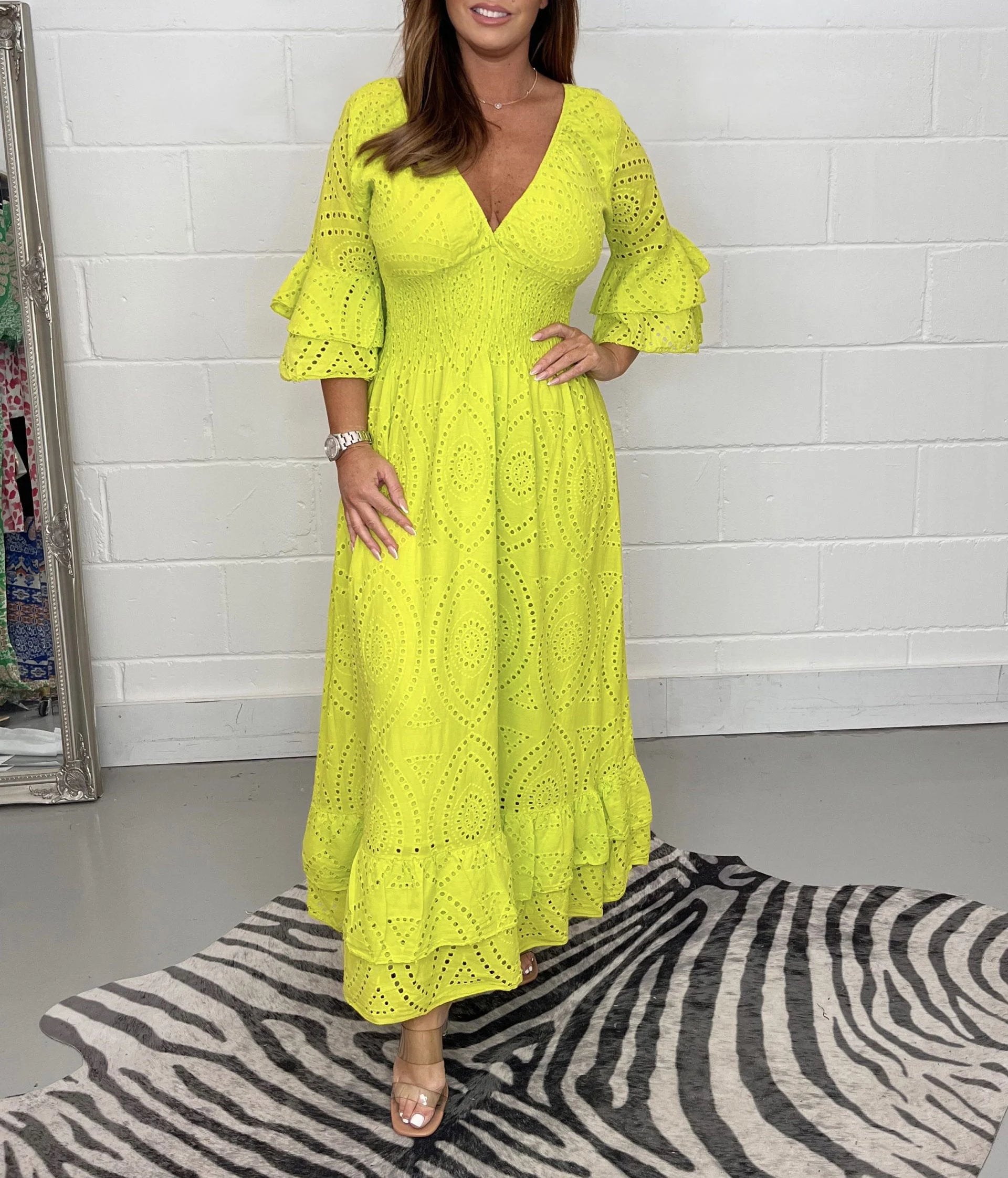 Embroidery Frill Sleeve Midi Dress
