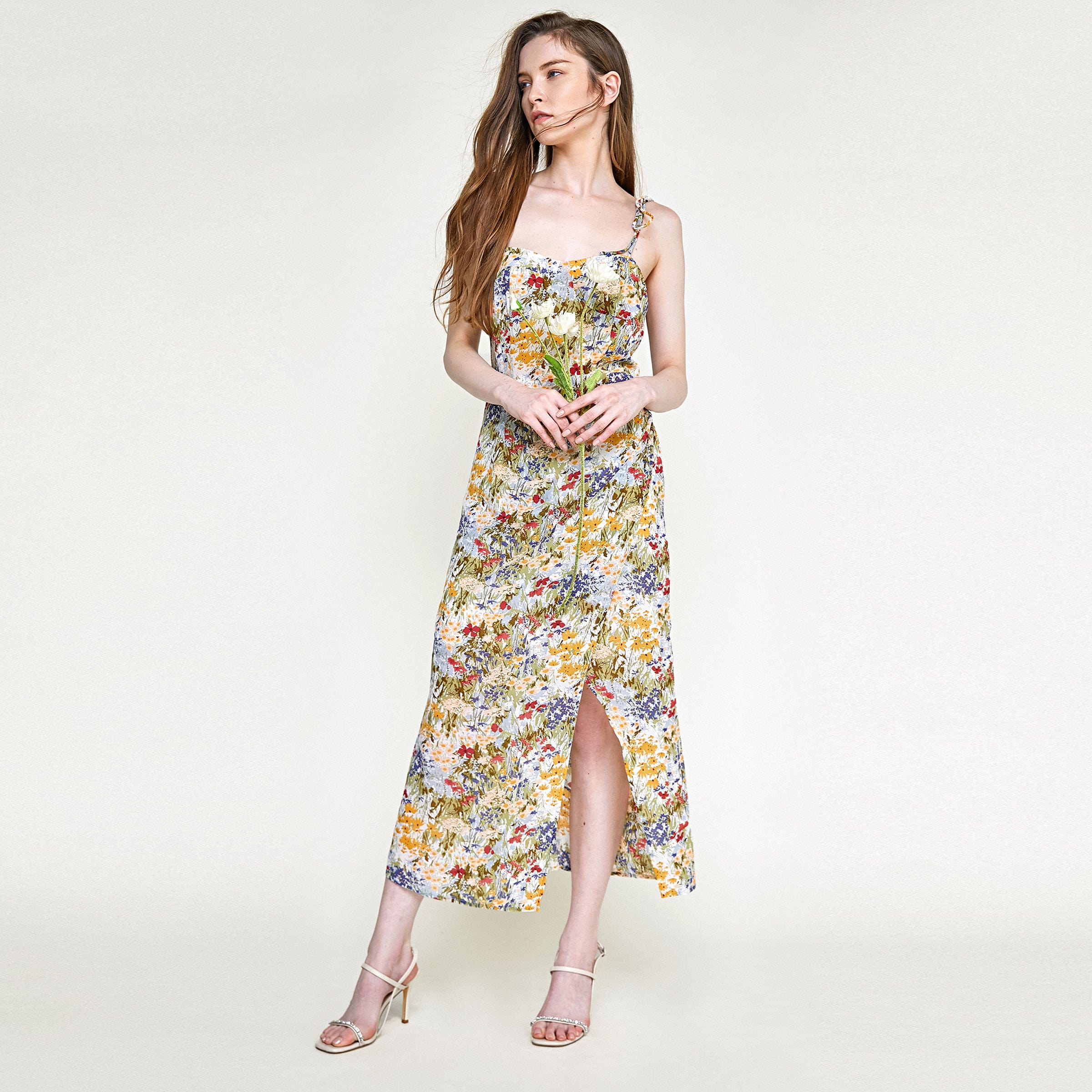 Multicolor Floral Print Tie Strap Wrap Midi Dress
