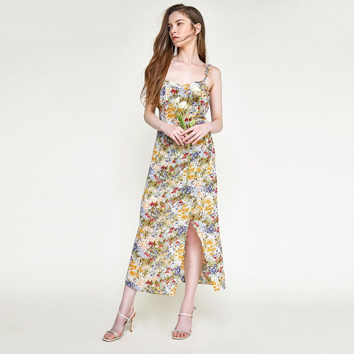 Multicolor Floral Print Tie Strap Wrap Midi Dress