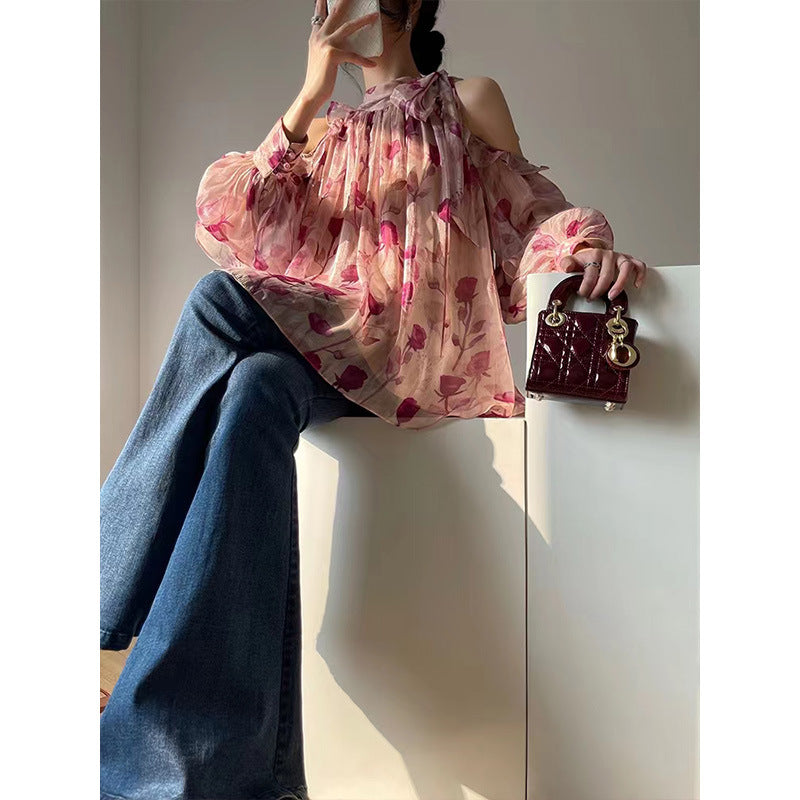 Pink Floral Print Neckline Bow Tie Mini Dress