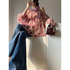 Pink Floral Print Neckline Bow Tie Mini Dress