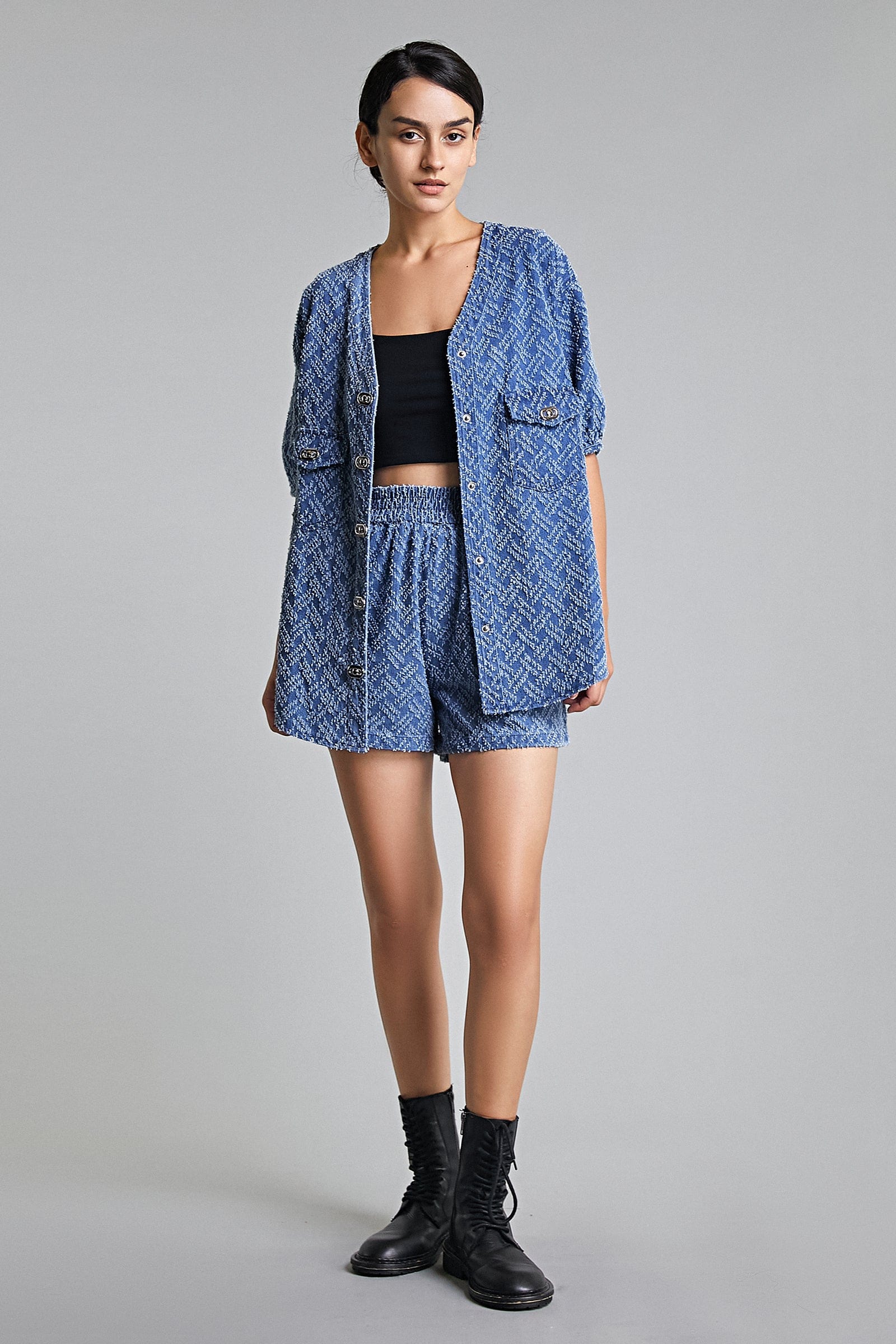 Royal Blue Frayed Denim Longline Button-Up Top & Shorts Two-Piece Set