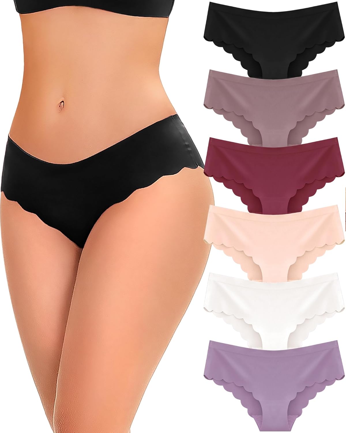 6-Pack Seamless Underwear for Women Low Rise Hipster Wave Edge No Show Bikini Panties Womens Cheeky