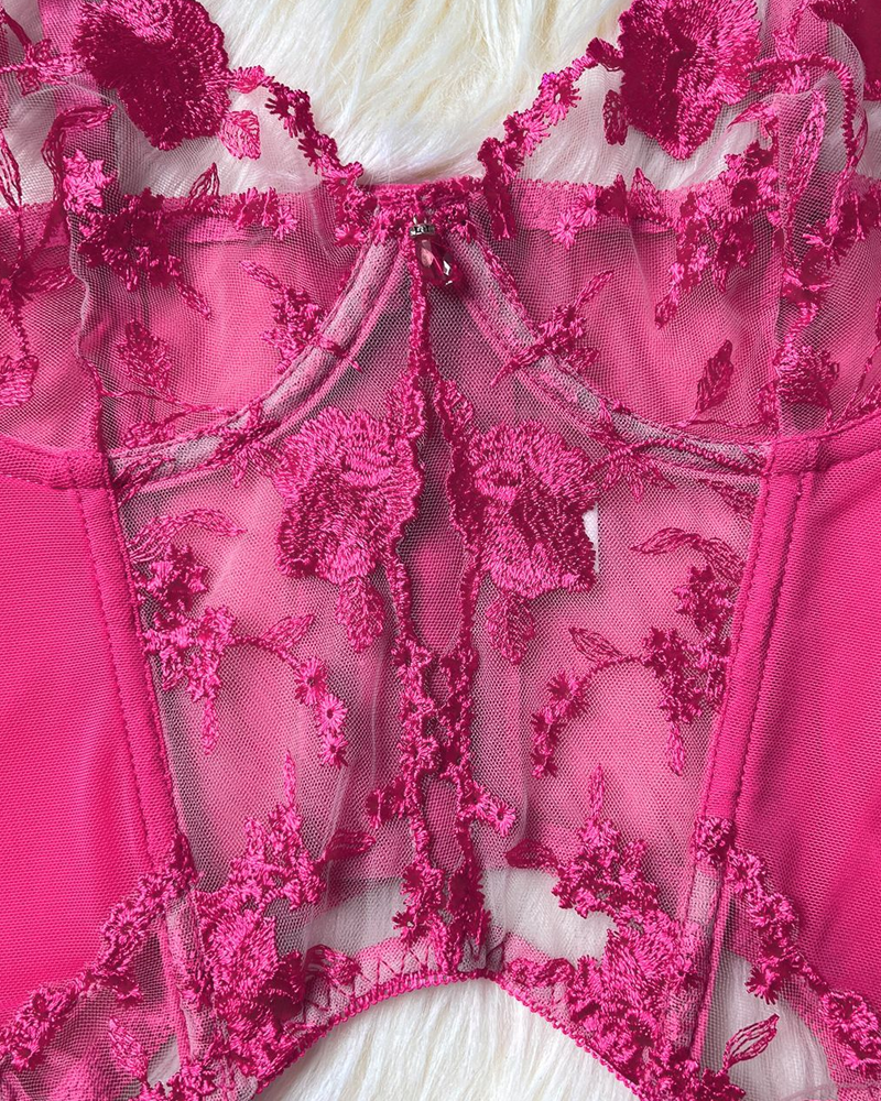 Sheer Embroidered Mesh Lingerie Set