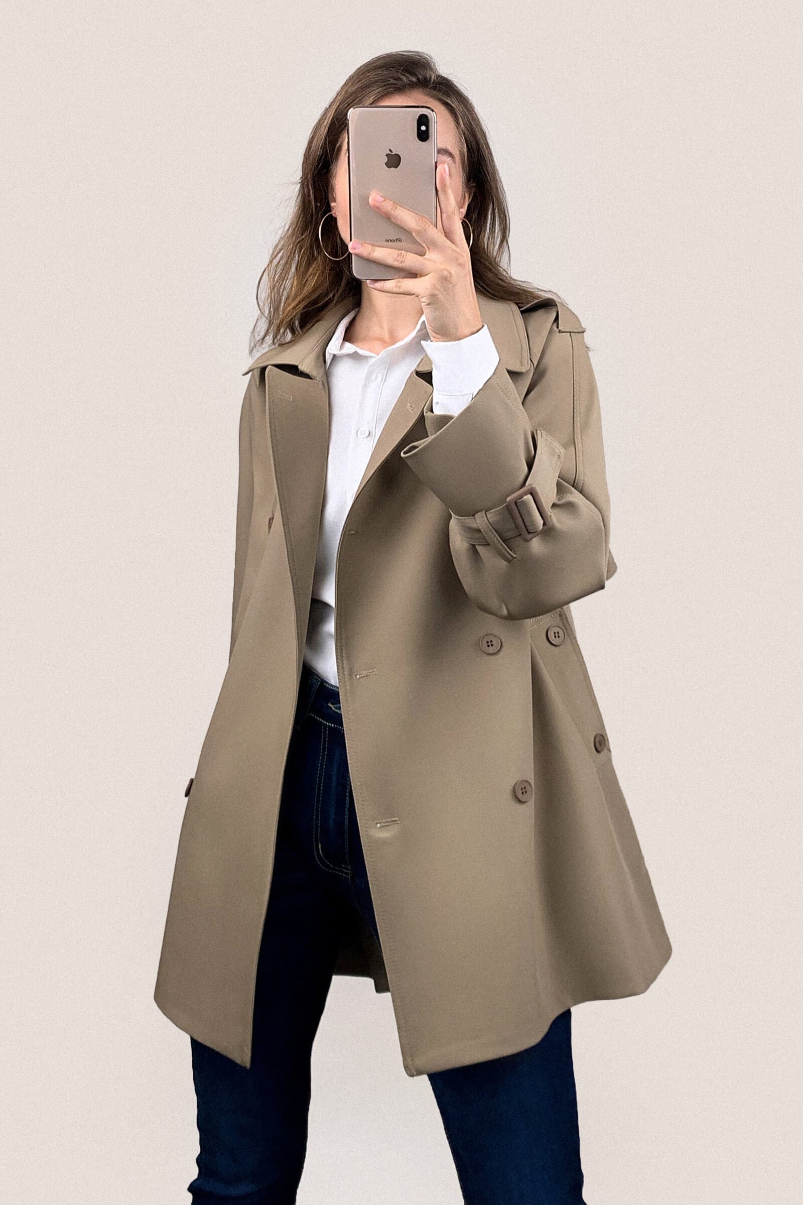 Khaki Double-Breasted Belted Short Trench Coat