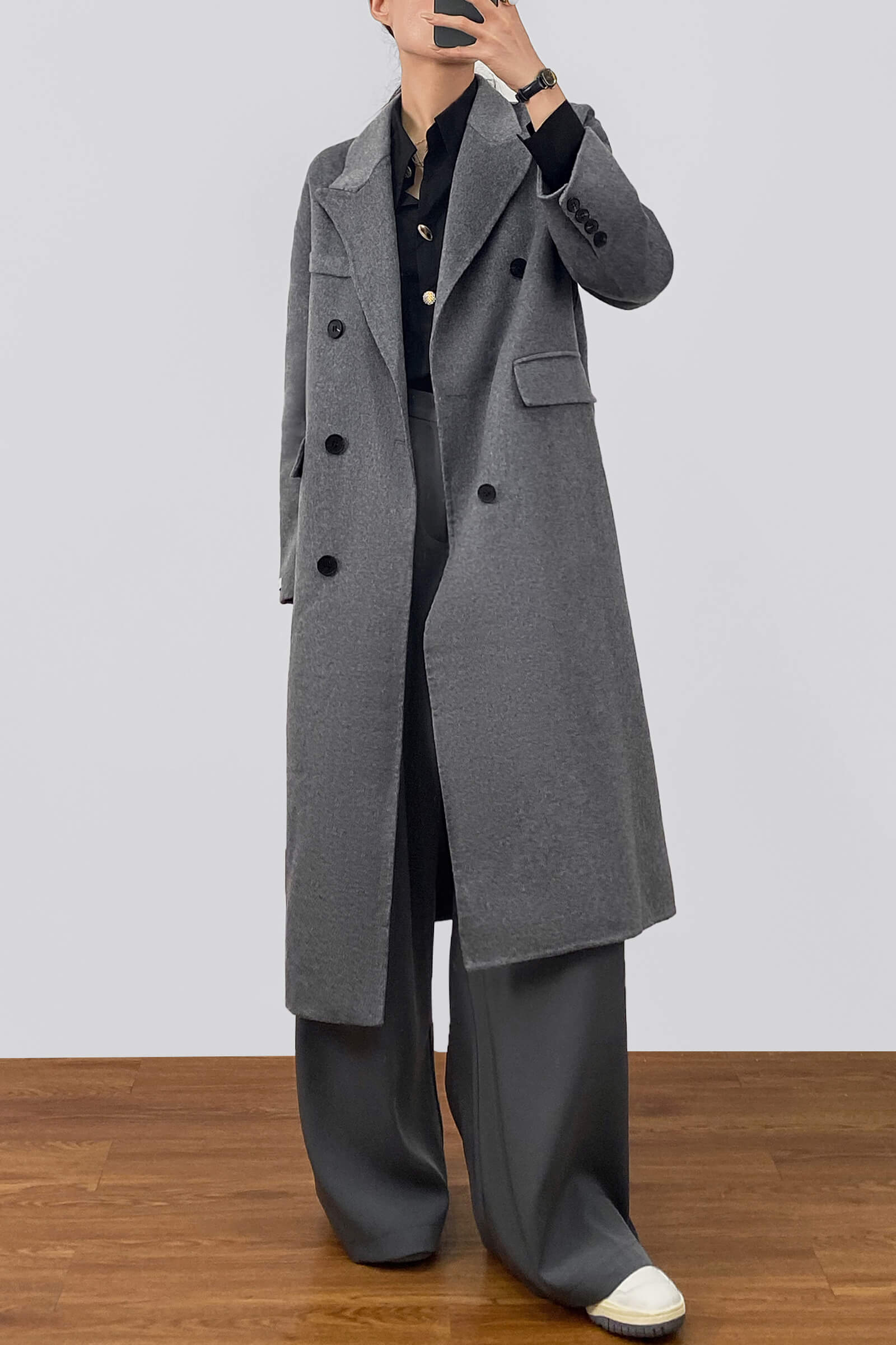 Grey Premium Wool Double-Breasted Longline Coat