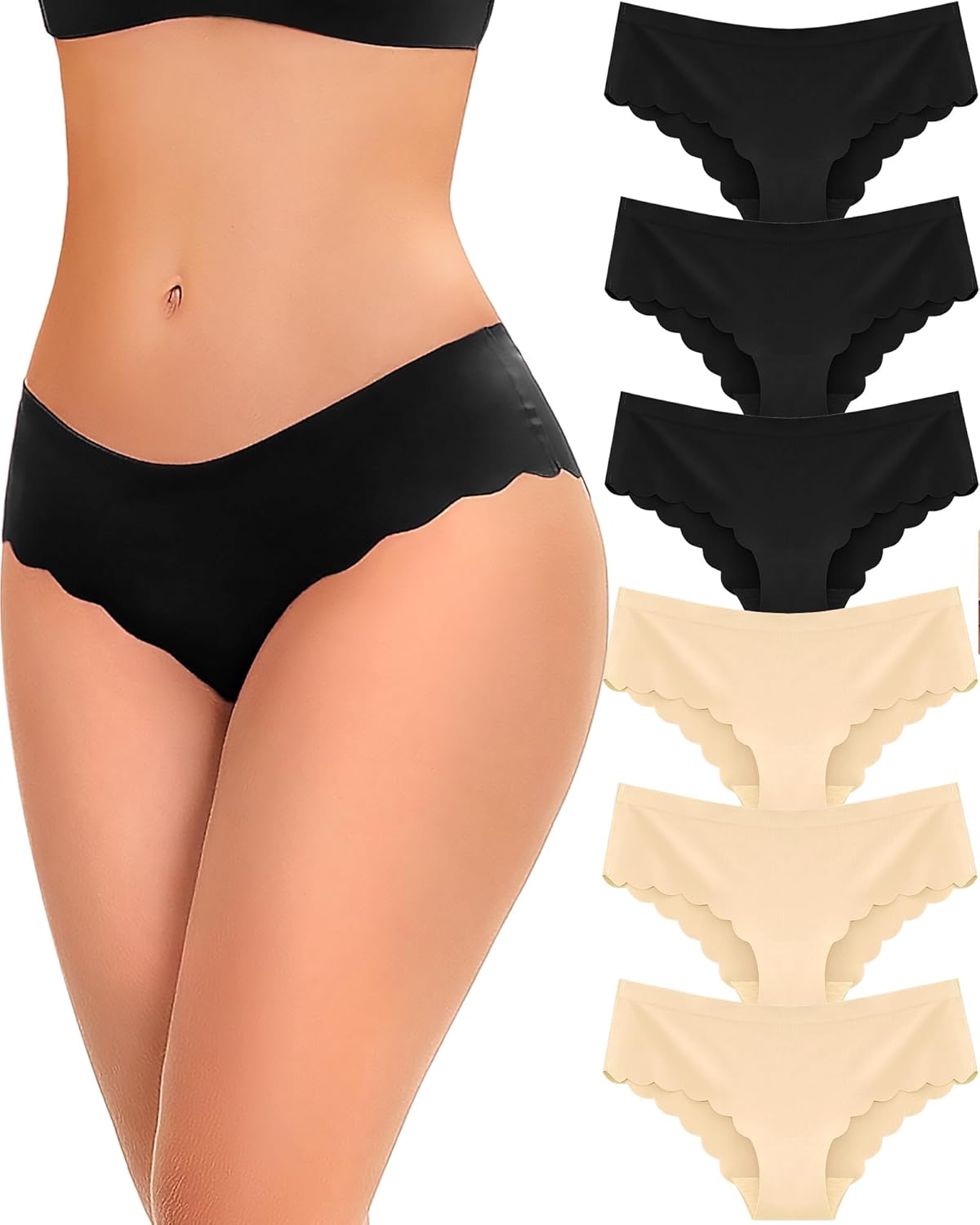 6-Pack Seamless Underwear for Women Low Rise Hipster Wave Edge No Show Bikini Panties Womens Cheeky