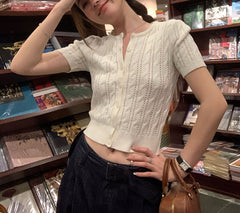 Hollow Knit Buttoned Top