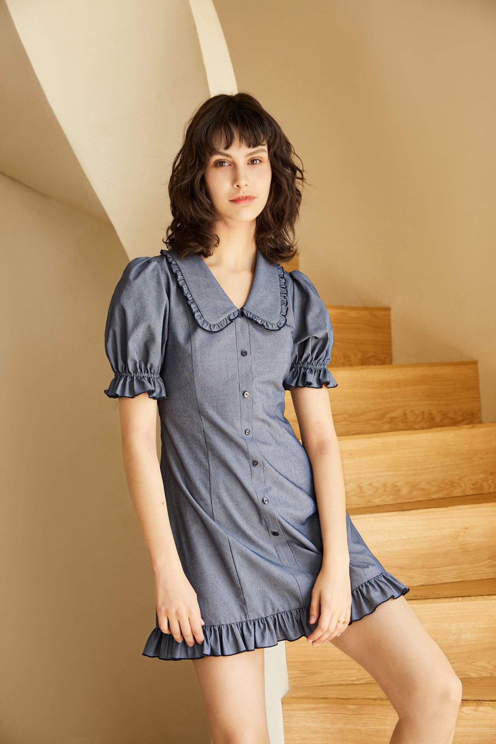 Dark Blue Peter Pan Collar Button Up Mini Dress