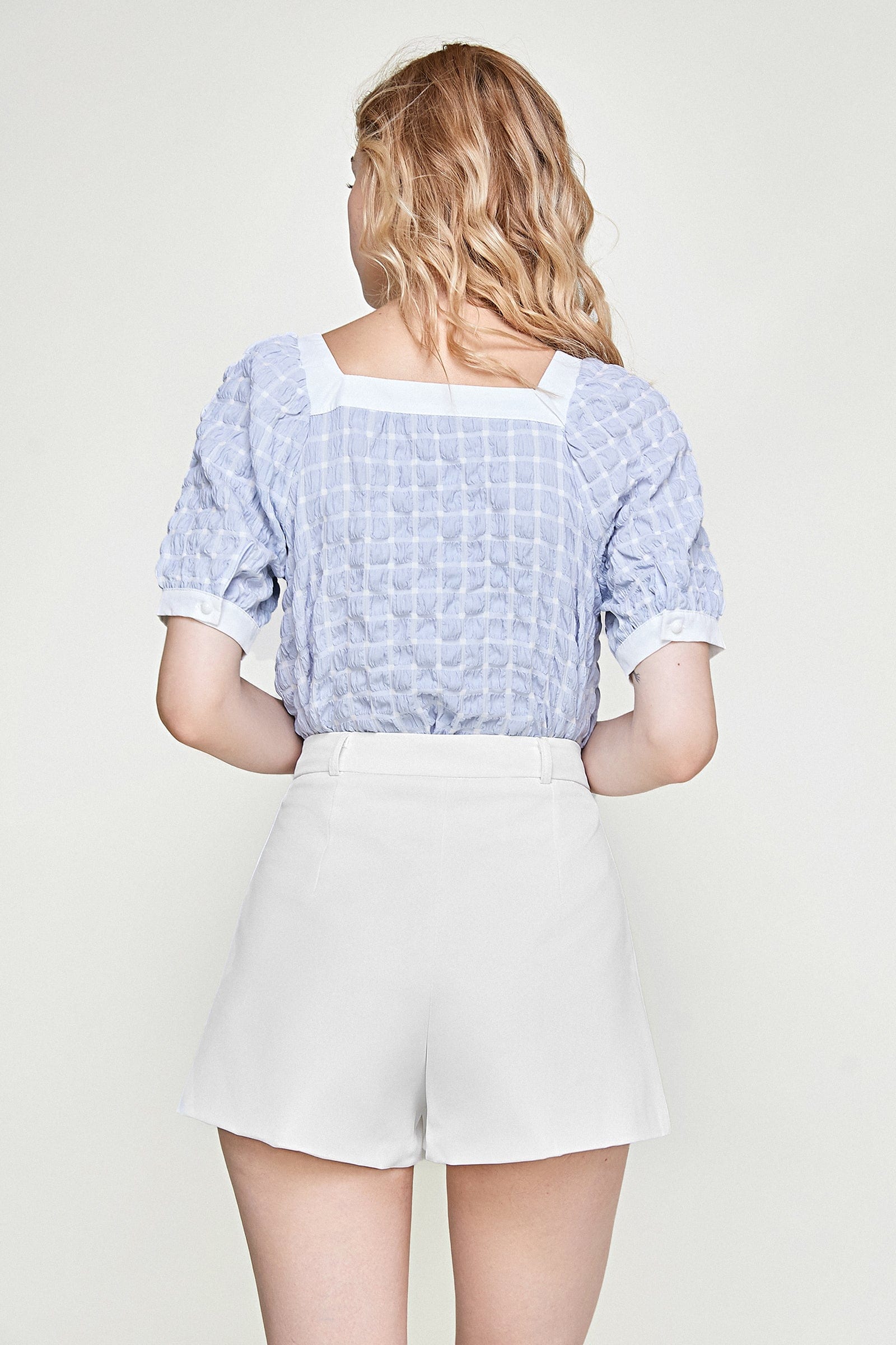 Light Sky Blue Square Neck Bow-Embellished Textured Blouse