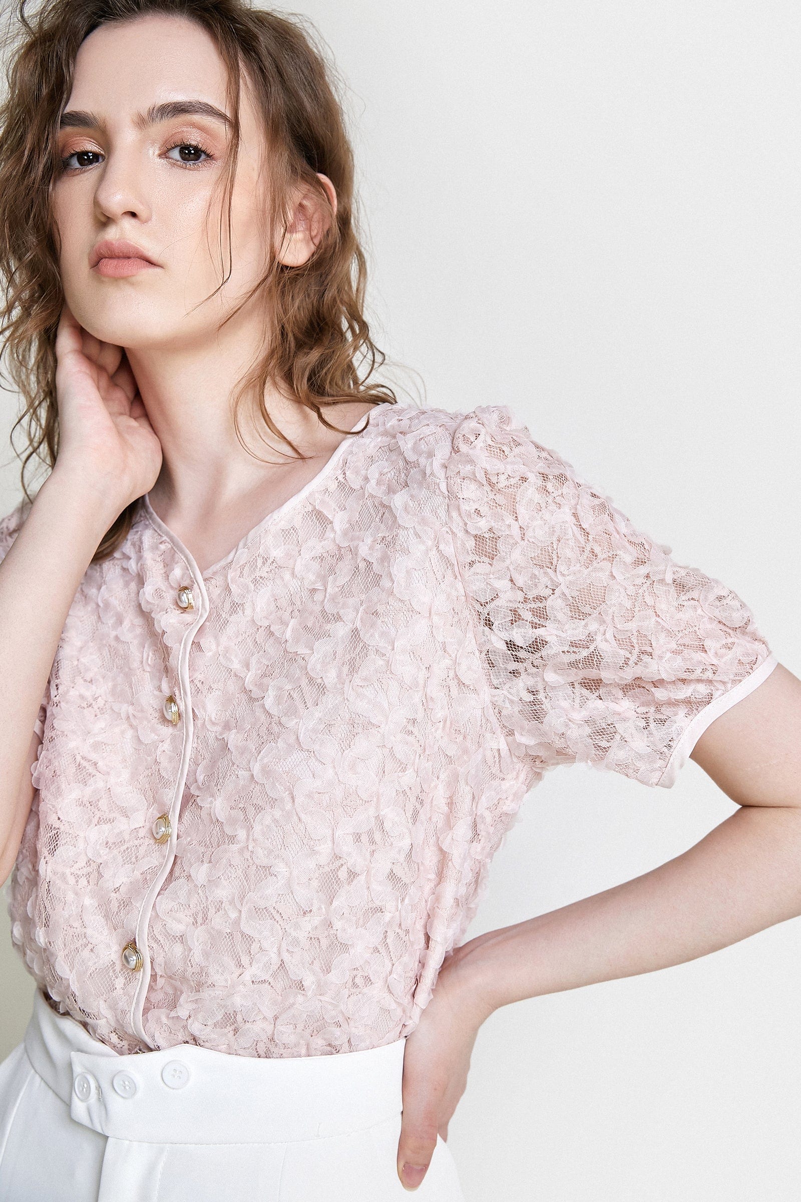 Pink Textured Floral Button Front Blouse