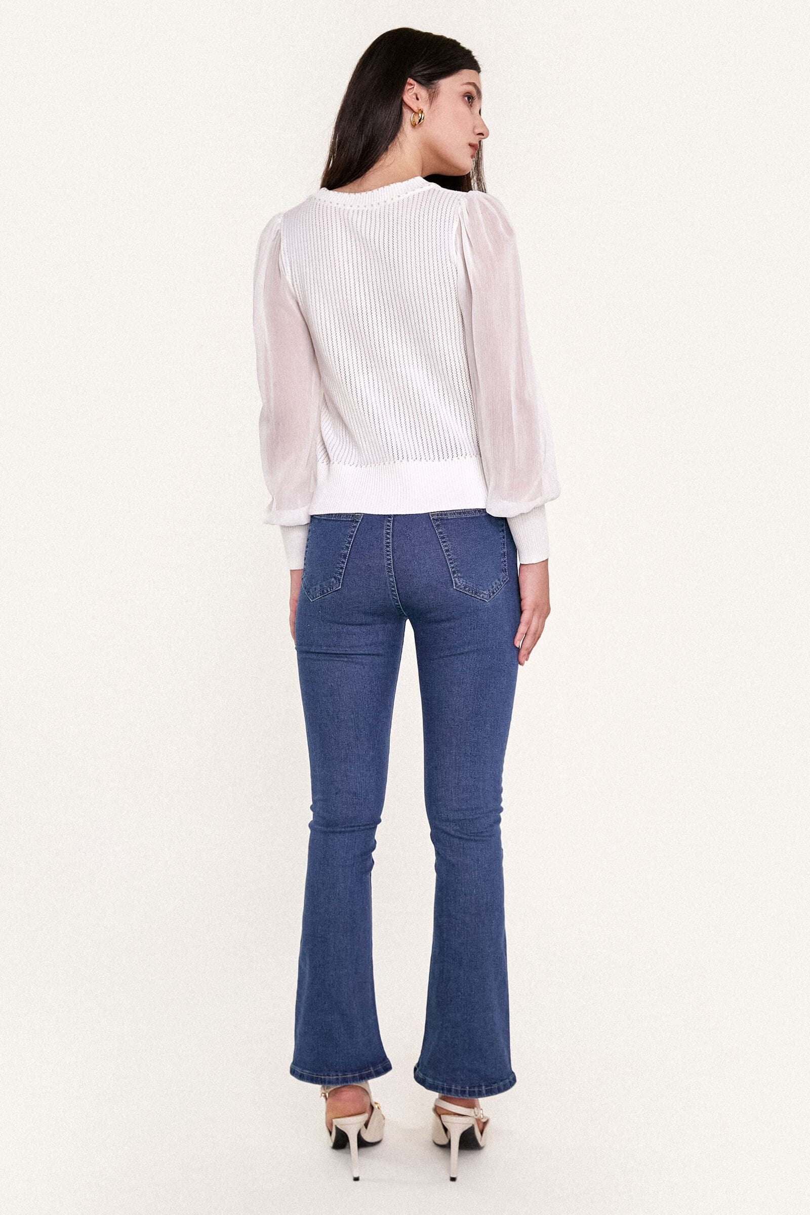 White Sheer Long Sleeve Pointelle-Knit Cardigan With Gold Buttons