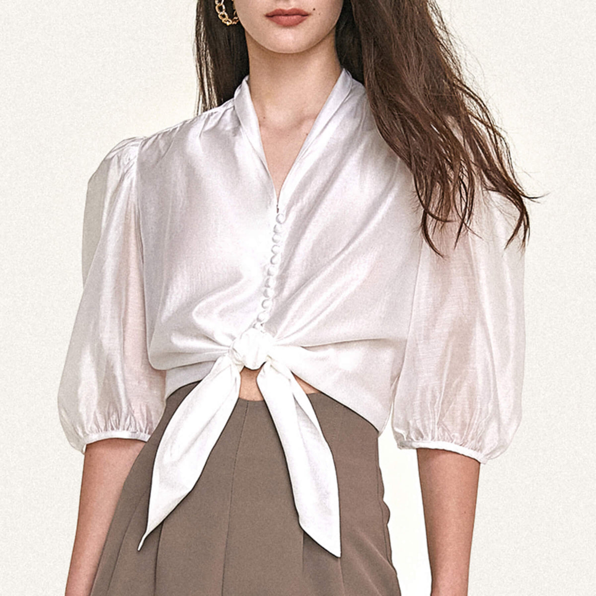White Tie Hem Button Front Three-Quarter Puff-Sleeve Blouse