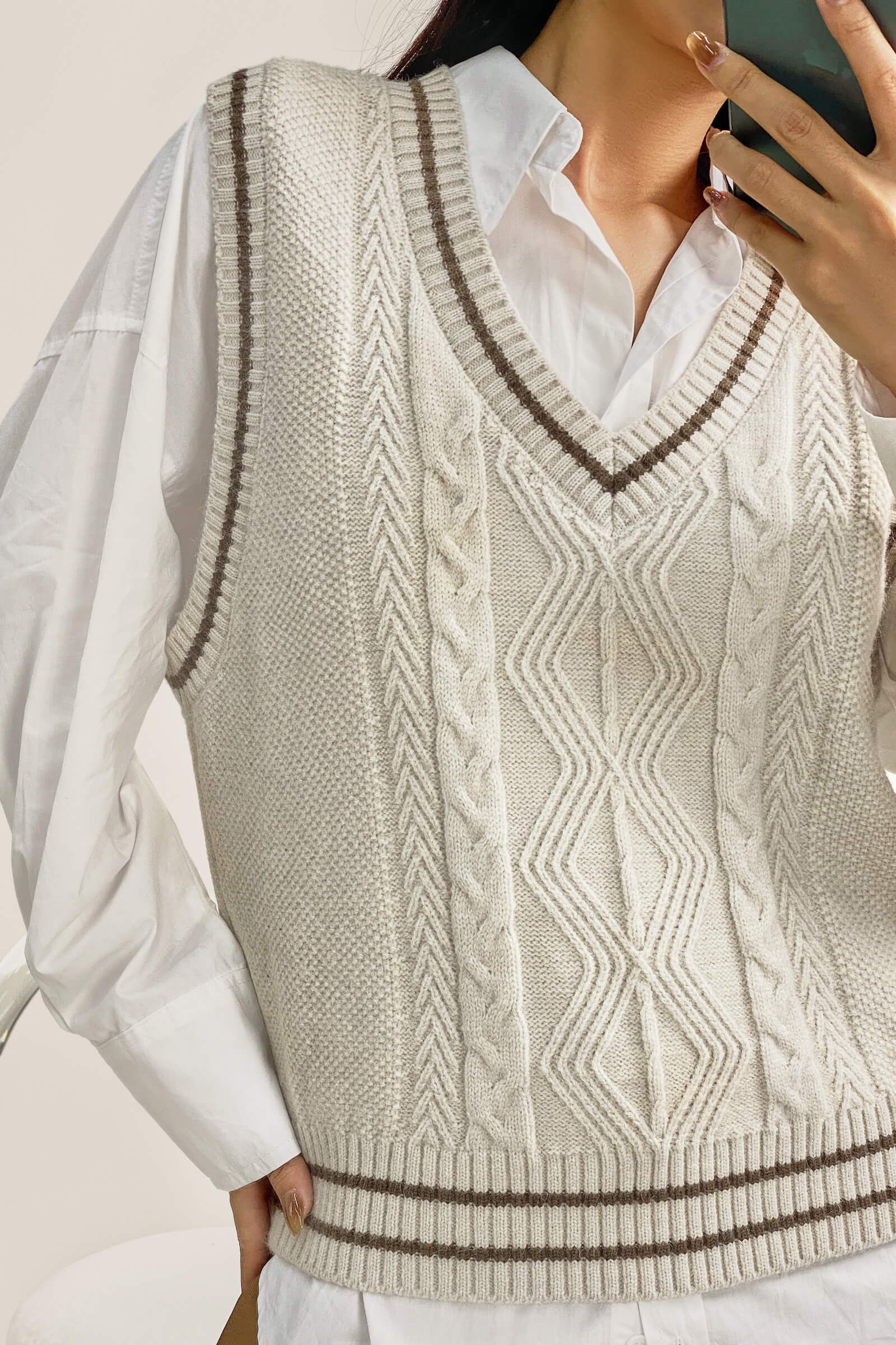 Ivory Cable Knit Striped Trim Sweater Vest