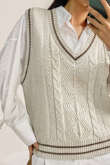 Ivory Cable Knit Striped Trim Sweater Vest