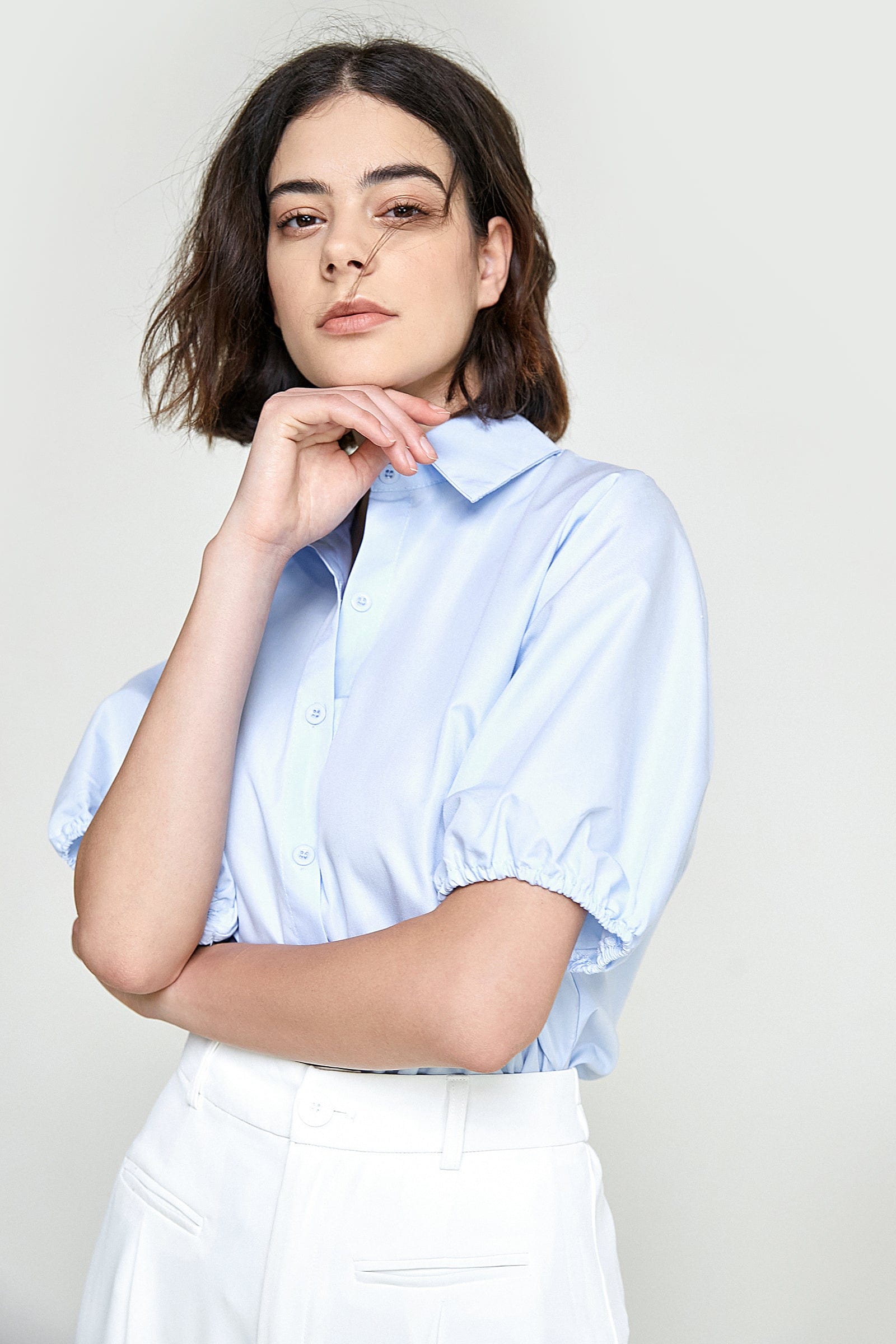 Light Sky Blue Short Puff Sleeve Shirt