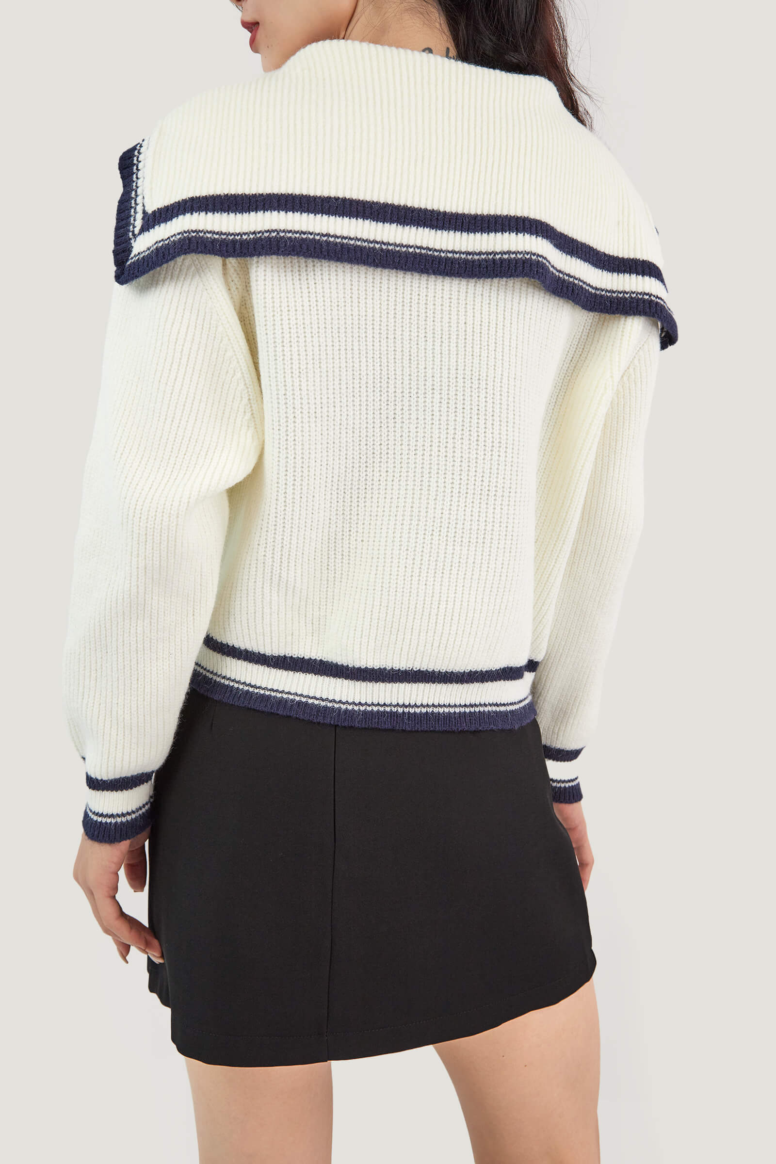 Ivory Sailor Collar Striped Trim Ribbed  Cardigan