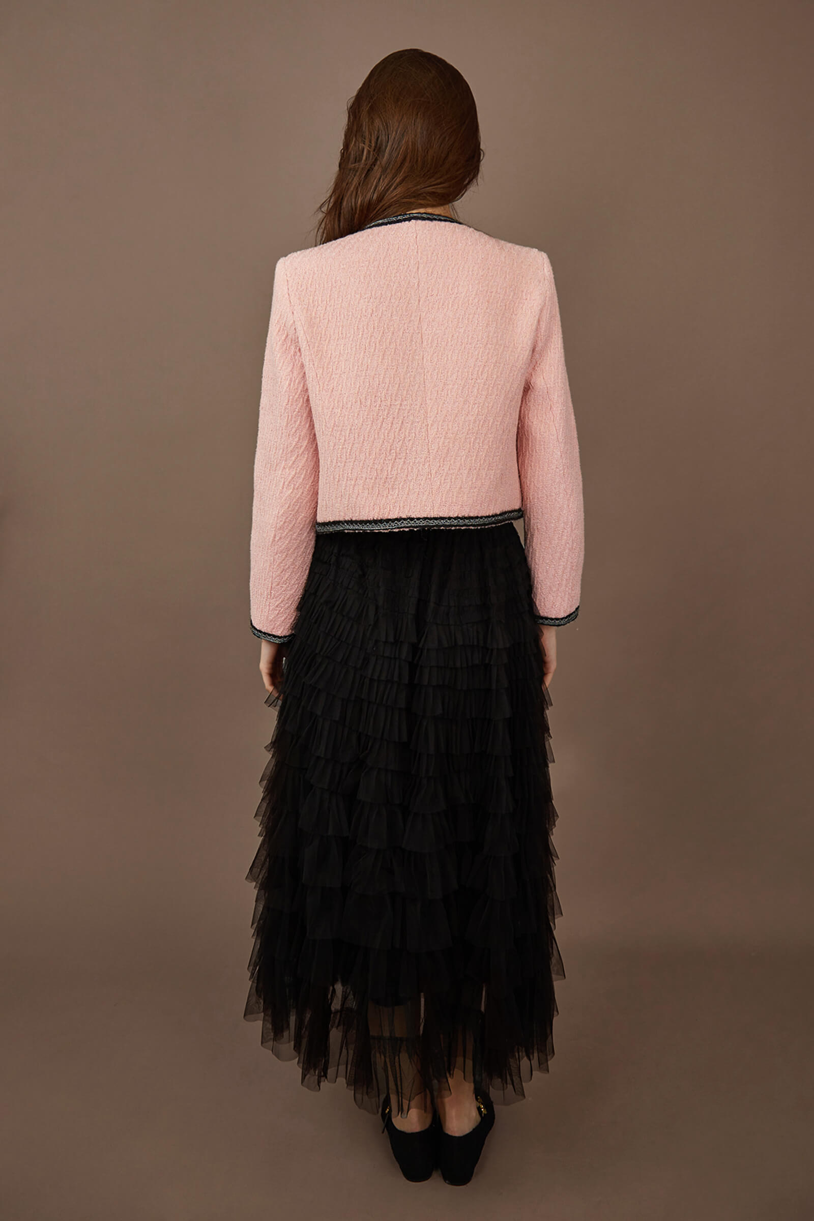 Pink Contrast Trim Tweed Jacket