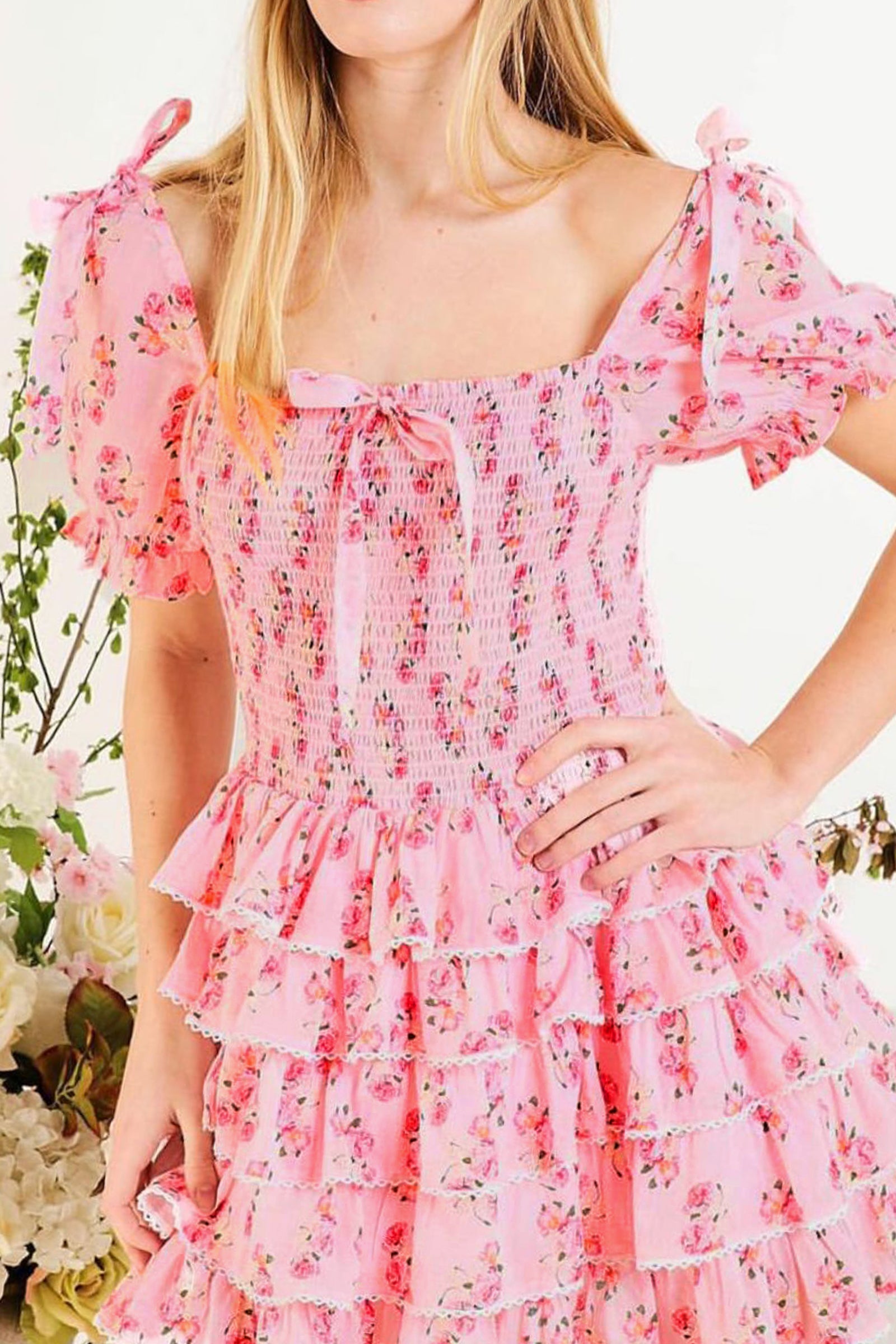 Pink Floral Print Bow-Tie Tiered Mini Dress