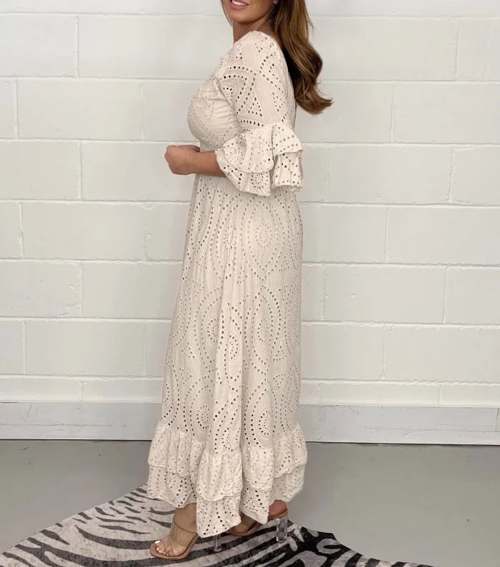 Embroidery Frill Sleeve Midi Dress