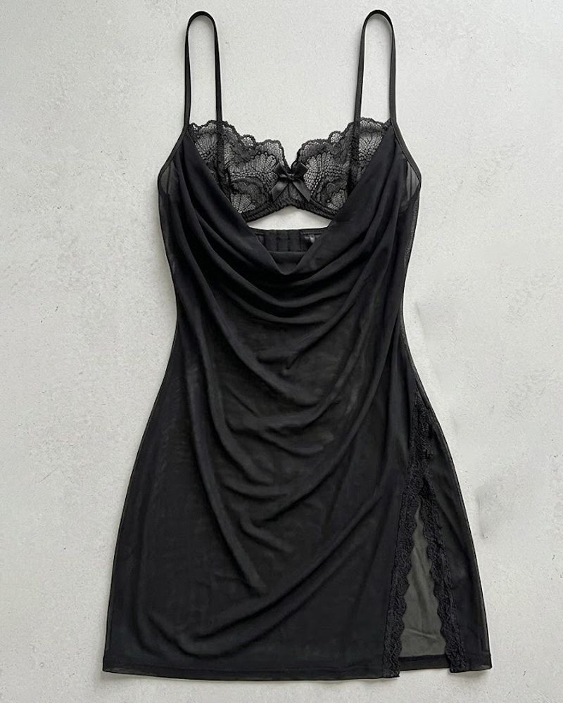 Lace Mesh Sheer Cutout Ruffle Chemise Nightgowns with Thong
